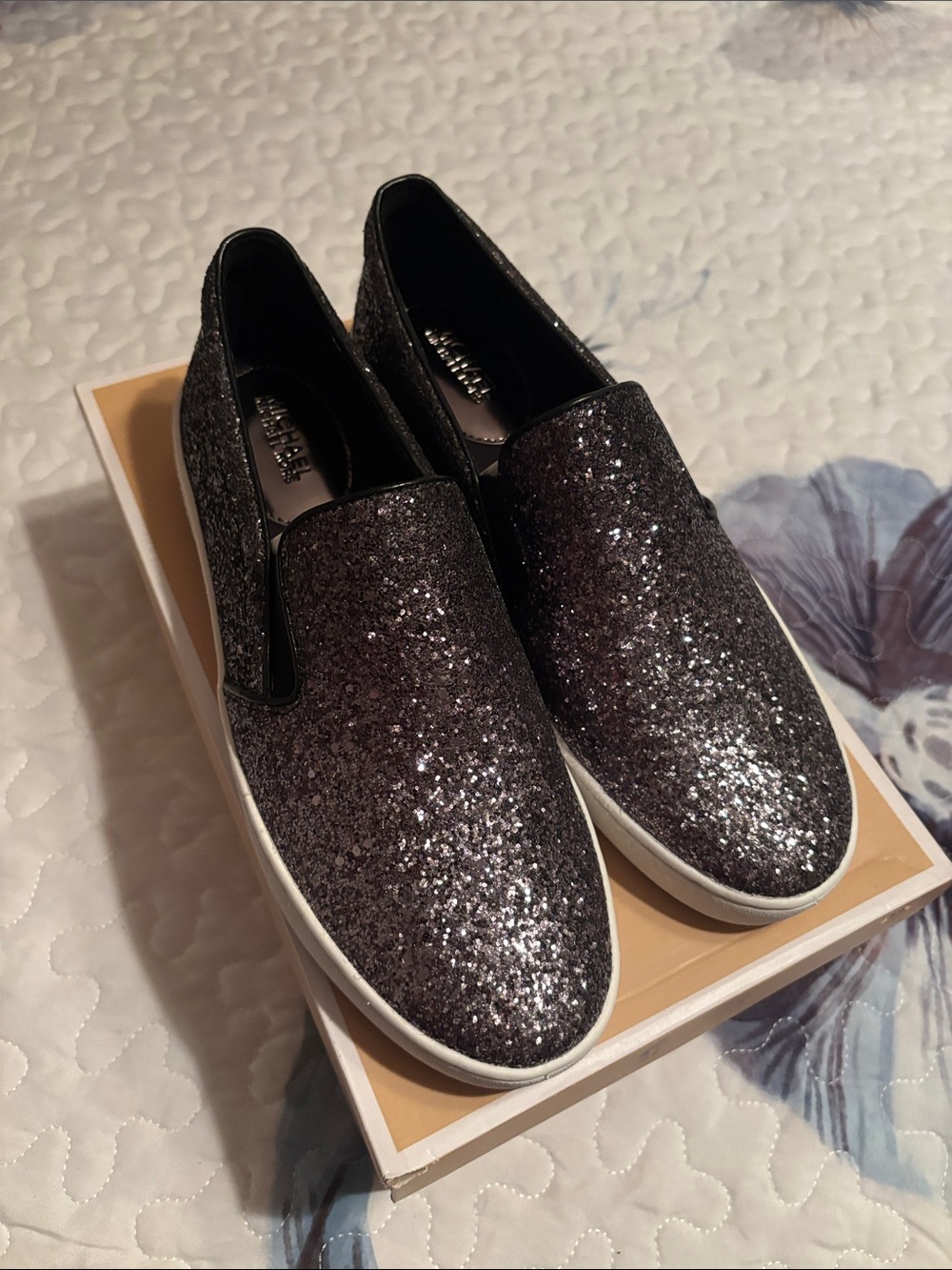 Michael Kors Gunmetal Glitter Slip-On Sneakers - Black/Silver Sparkle